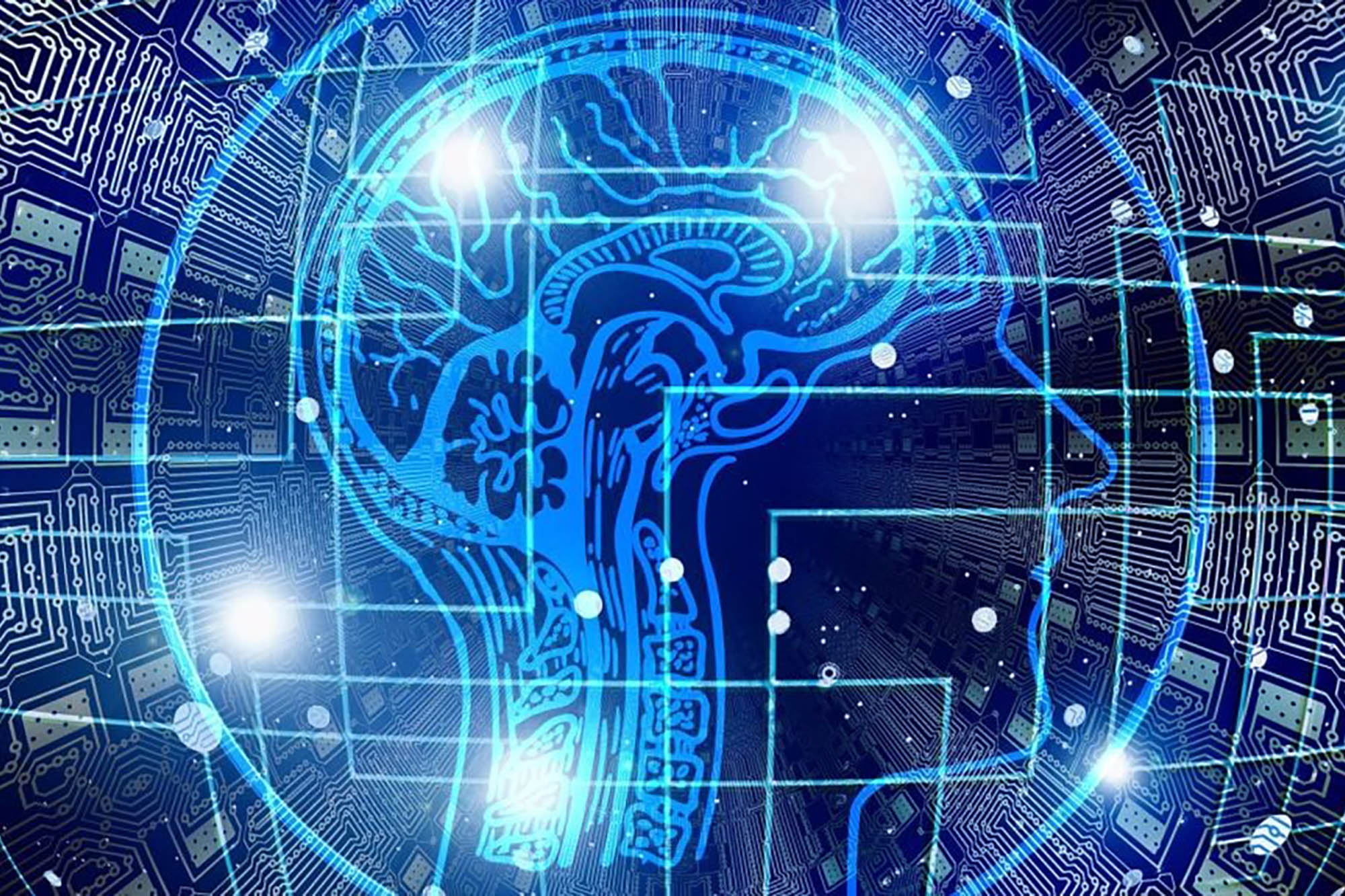 A digital illustration of a human head and brain, overlaid with circuitry patterns and glowing lines.