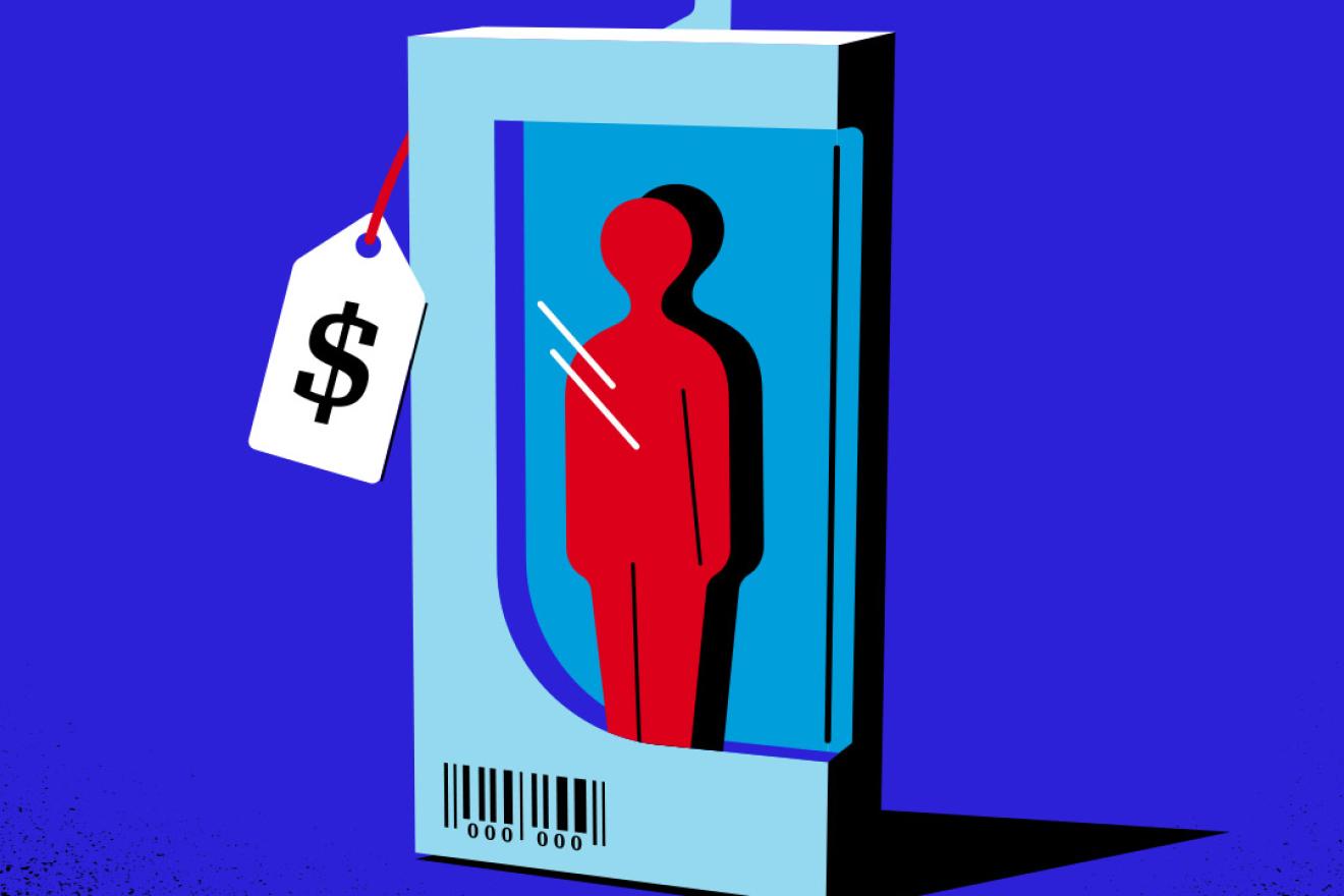 Graphic of a person inside a package with a price tag