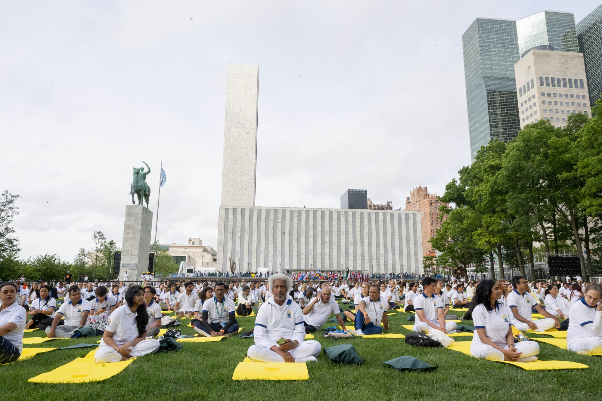 A crowded yoga session at the United Nations Headquarters during International Yoga Day.