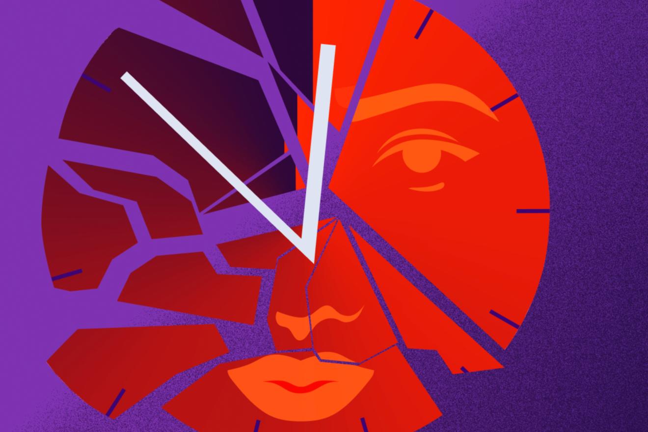 An illustration showing features of a human face arranged under the hands of a clock