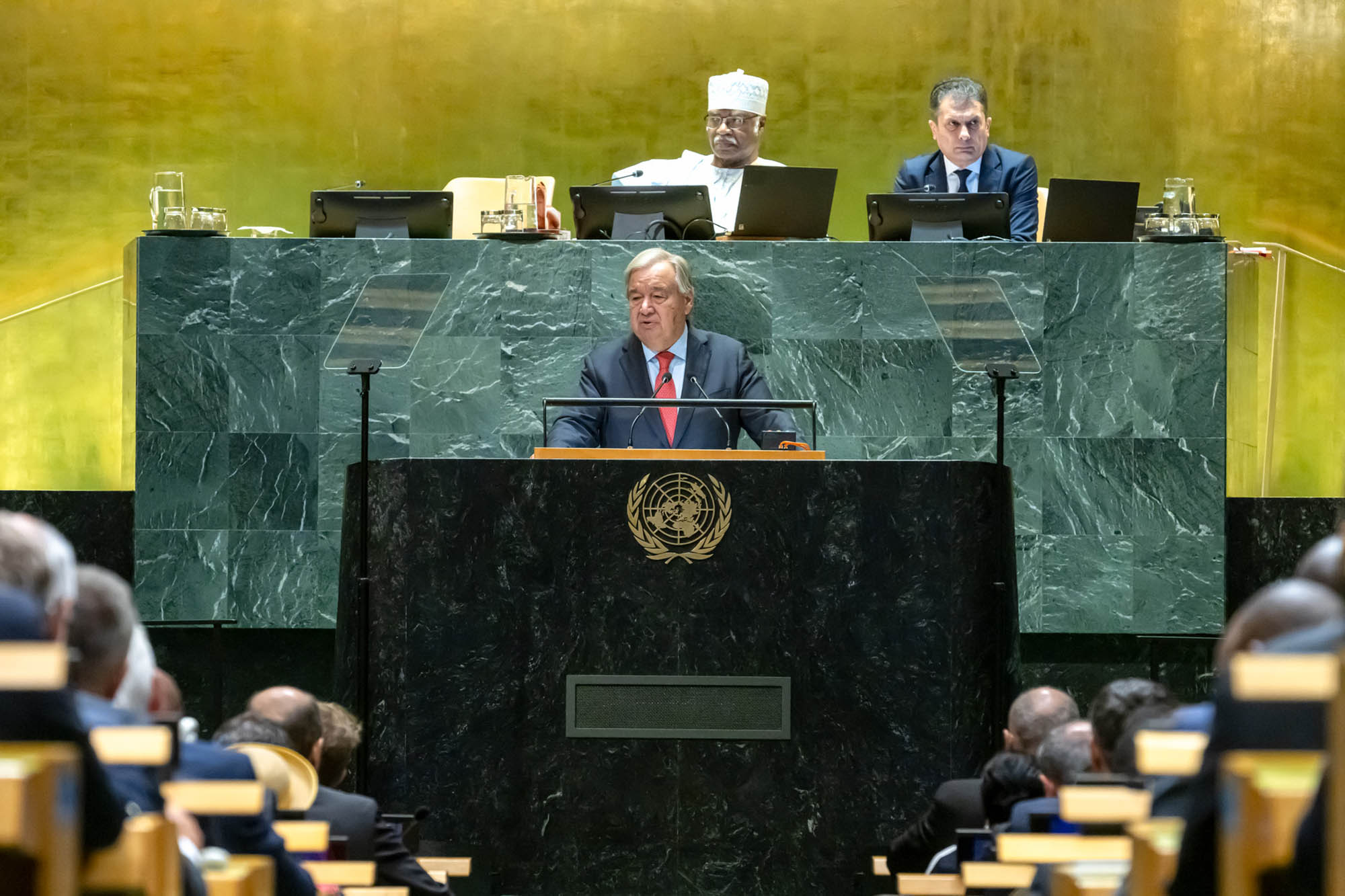 : António Guterres at the General Assembly podium.
