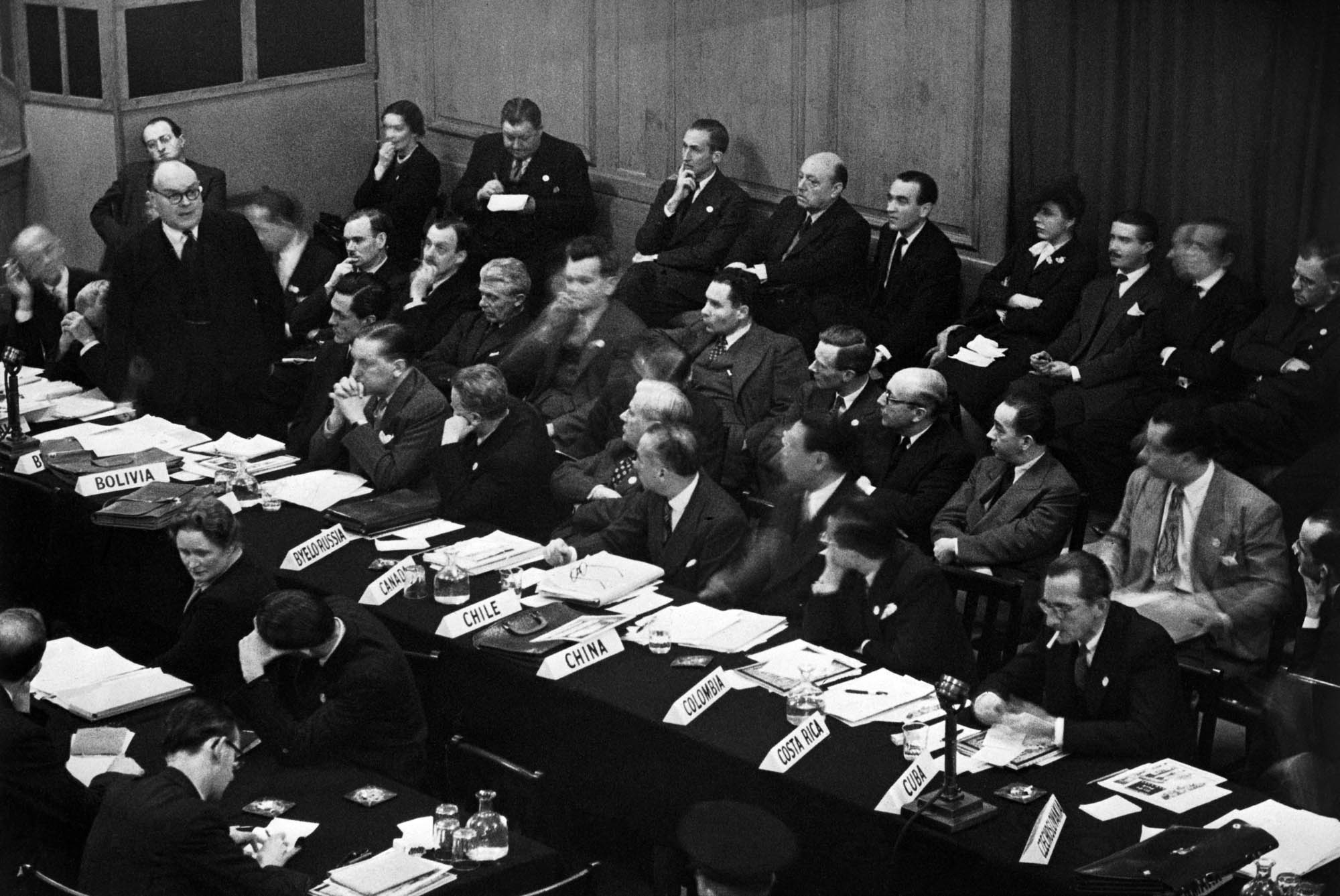 Delegates of 51 nations listening to the first President of the General Assembly.