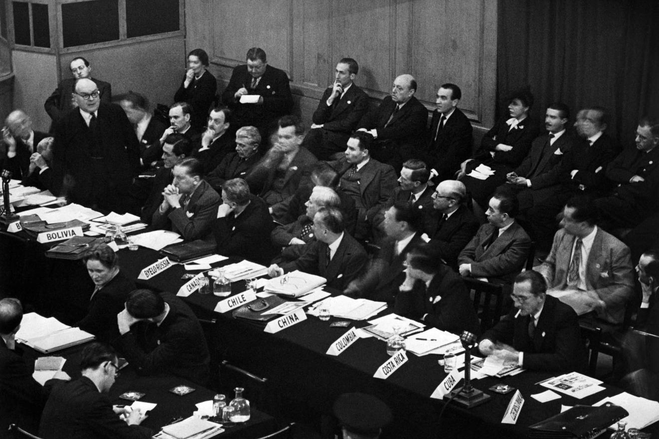 Delegates of 51 nations listening to the first President of the General Assembly.
