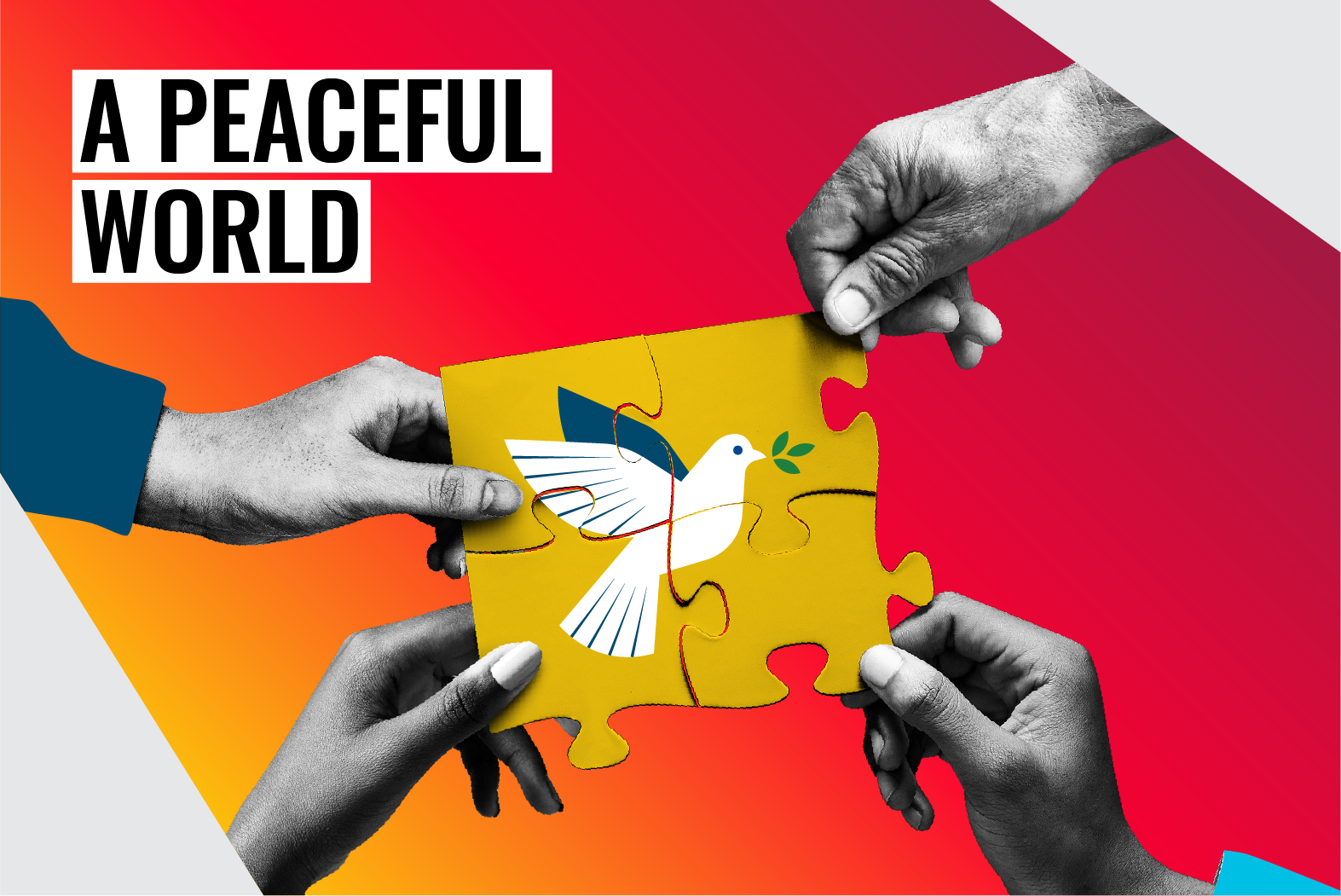 A peaceful world Photocomposition: four hands holding puzzle pieces