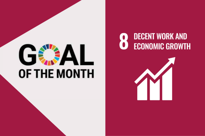 A logo of SDG 8 – Decent Work and Economic Growth, with upward graph icon on maroon background.