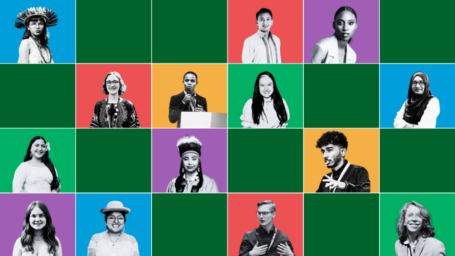An illustration showing a grid with brightly-colored squares, some of which feature black-and-white photographs of the new Youth Action Group on Climate Change cohort